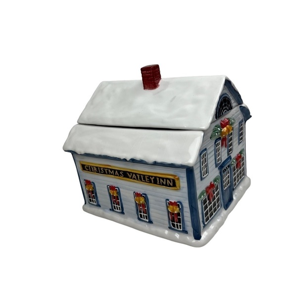 Holiday Cookie Jar David Carter Brown Sakura Blue Christmas Valley Inn Ceramic - Picture 12 of 14